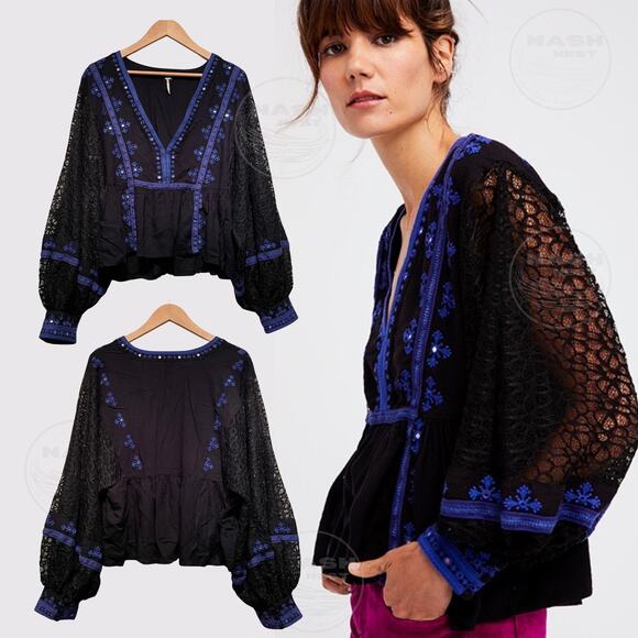 Free People M Boogie All Night Peasant Blouse | Black Lace, Blue Embroidery - Picture 1 of 7